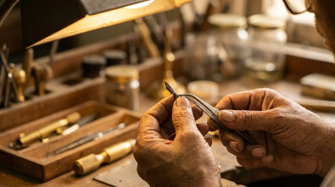 Craftsman assembling a Likhit pen nib by hand